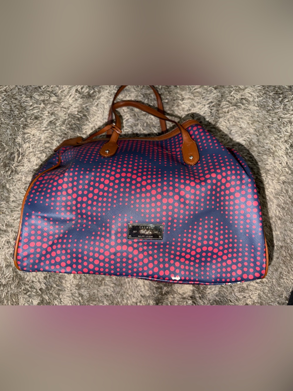 Ralph Lauren Polka Dot Tote Bag - Navy and Pink with Brown Trim